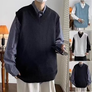 Knitted vest men's solid color simple V-neck preppy style couple sleeveless sweater waistcoat casual sweater