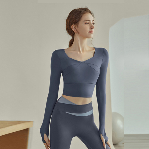 Women's Autumn New Running Top, Fitted and Slimming, Sexy Sports Top with Long Sleeve and Bra Cup, Yoga Clothes Trendy