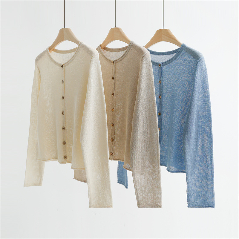 Japanese Paper Yarn Cotton Comfortable Breathable Commuter Rolled-Edge Versatile Round-Neck Knit Cardigan Jacket Sun Protection Shirt Spring Cza66116