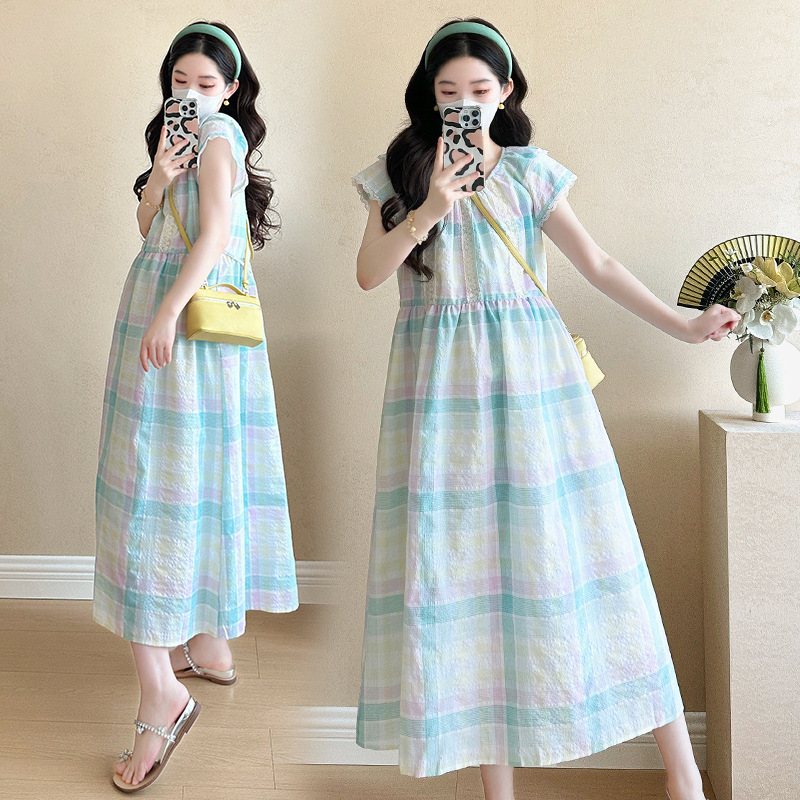 Summer 2025 New Pregnant Women's Dress Korean Style Loose Sweet Rainbow Paid Pregnant Women's dress