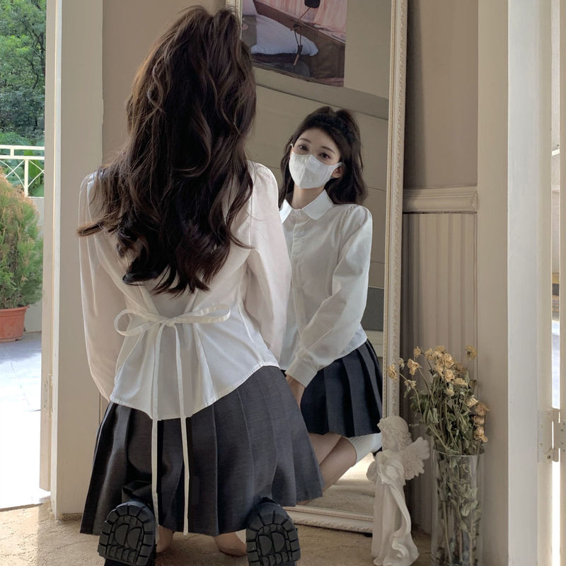 甜辣学院风长袖白色衬衫女春秋收腰显瘦制服衬衣设计感别致上衣|undefined