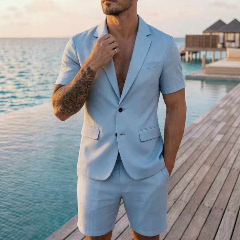 In-stock men's European and American plus-size summer short-sleeve two-piece suit, casual, fashionable, versatile, trendy, solid color blazer In-stock men's European and American plus-size summer short-sleeve two-piece suit, casual, fashionable, versatile, trendy, solid color blazer