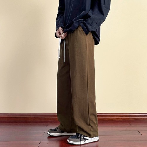 Khaki Pure Cotton Pants for Men: Fleece-Lined, Thick Casual Trousers for Spring, Autumn, and Winter—Men's Style with a Flowing, Wide-Legged, Loose-Fit, Straight-Leg Design