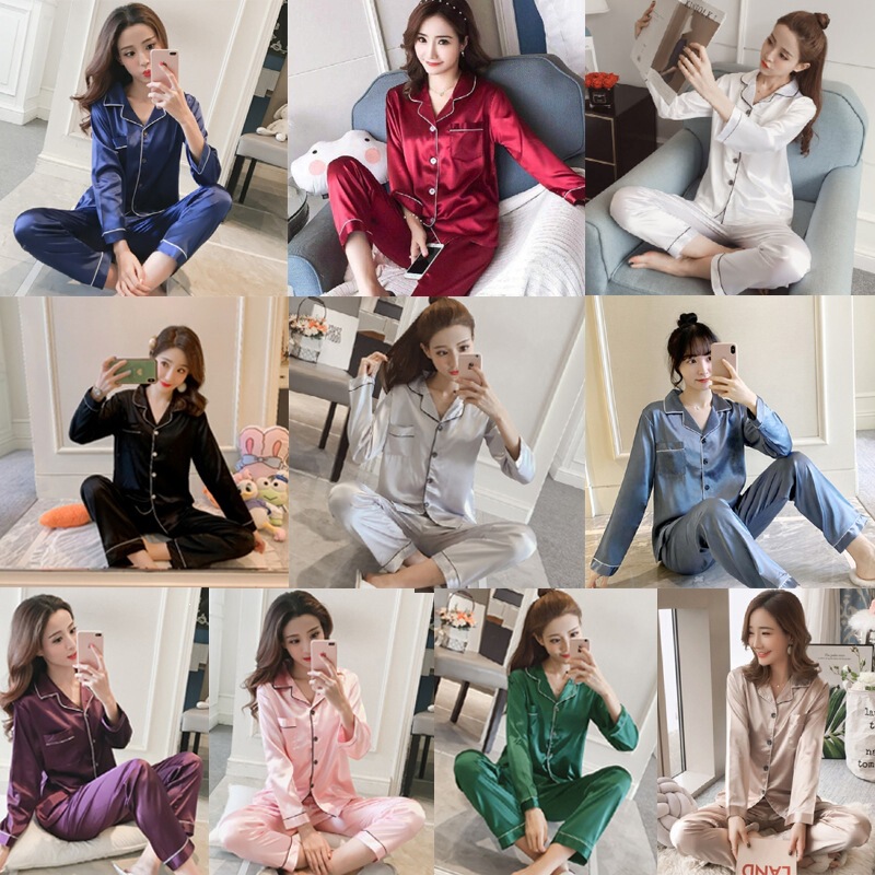Popular foreign order satin summer faux silk pajamas for women, solid color long-sleeve turn-down collar cardigan plus size long pants set Popular foreign order satin summer faux silk pajamas for women, solid color long-sleeve turn-down collar cardigan plus size long pants set