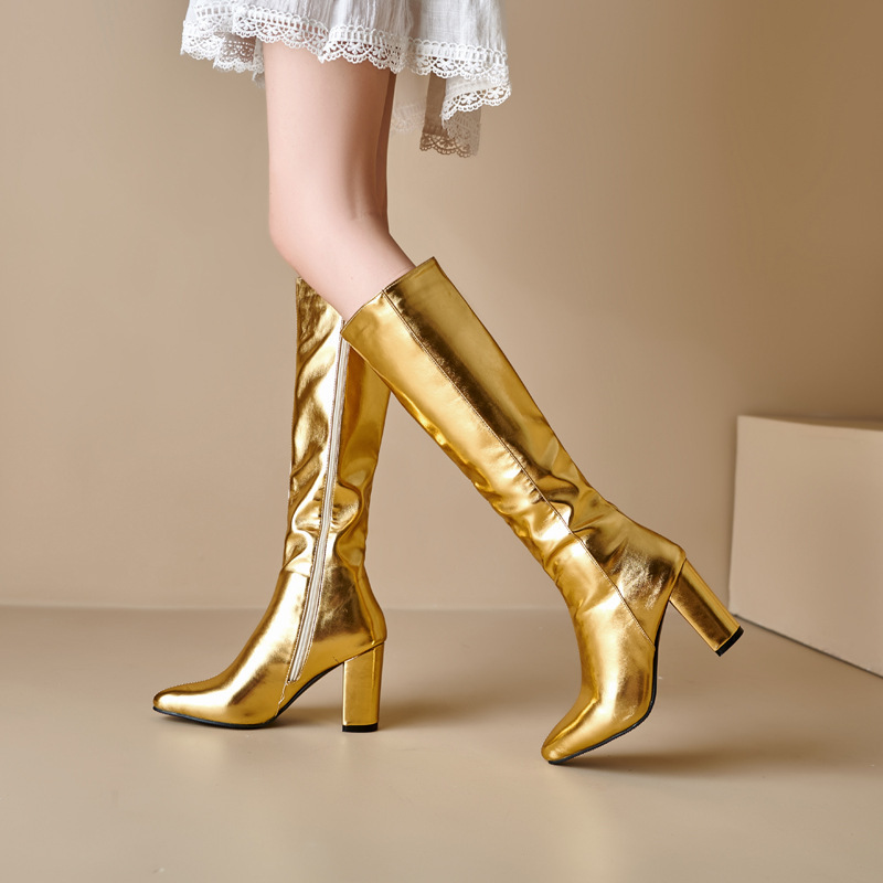 Fashion Pointed Toe High Boots Knight Boots Golden silver Martin Boots 32-48wish Foreign Trade Boots Thick Heel Boots