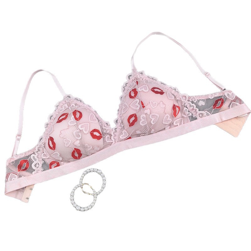 Europa y América sexy ropa interior de mujeres pechos pequeños mostrando un gran colapso de ropa interior de pechos colaterales impresión labial francesa bordado sujetador de encaje transfronterizo