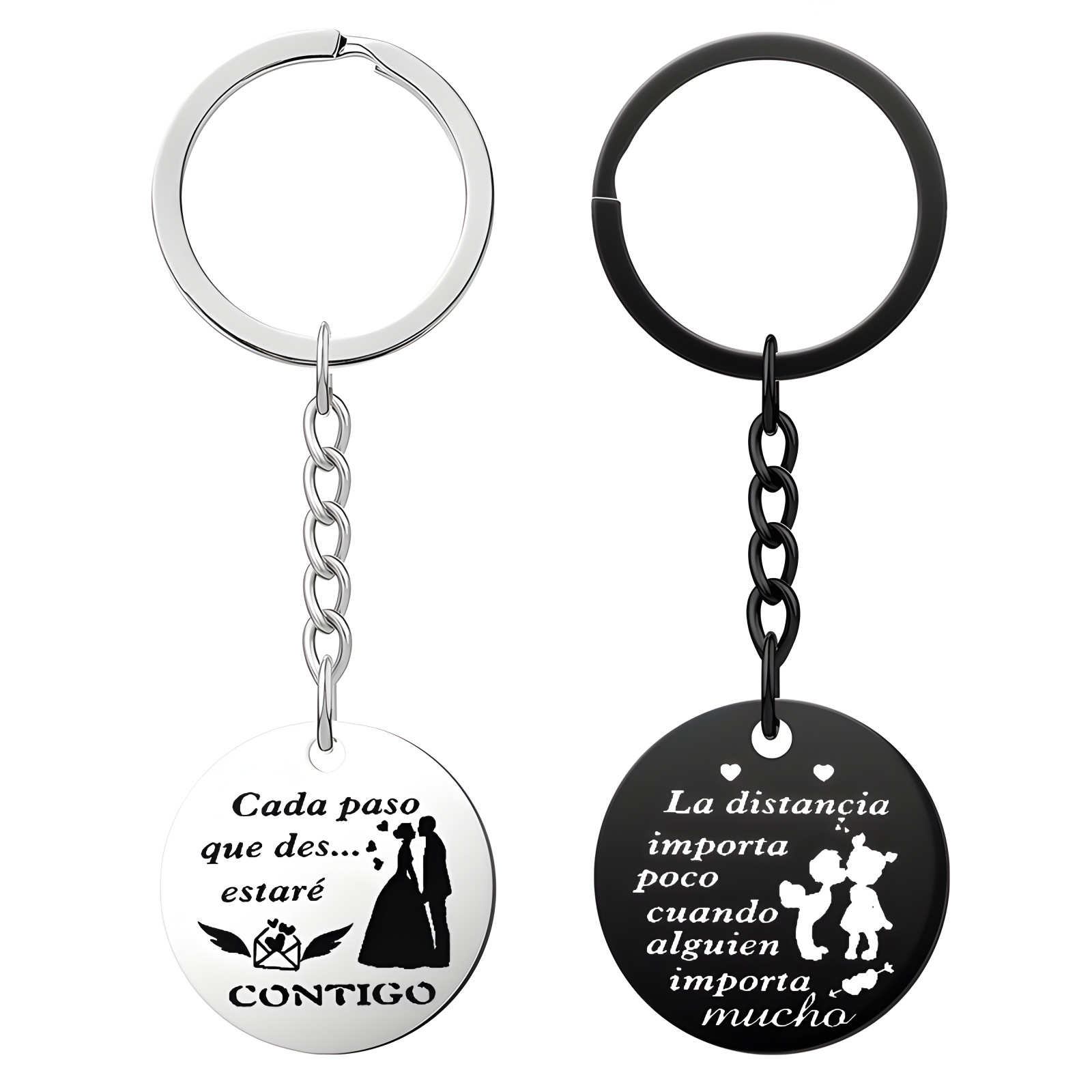 跨境热销不锈钢刻字钥匙扣黑色白色长款钥匙链西班牙结婚女友礼物