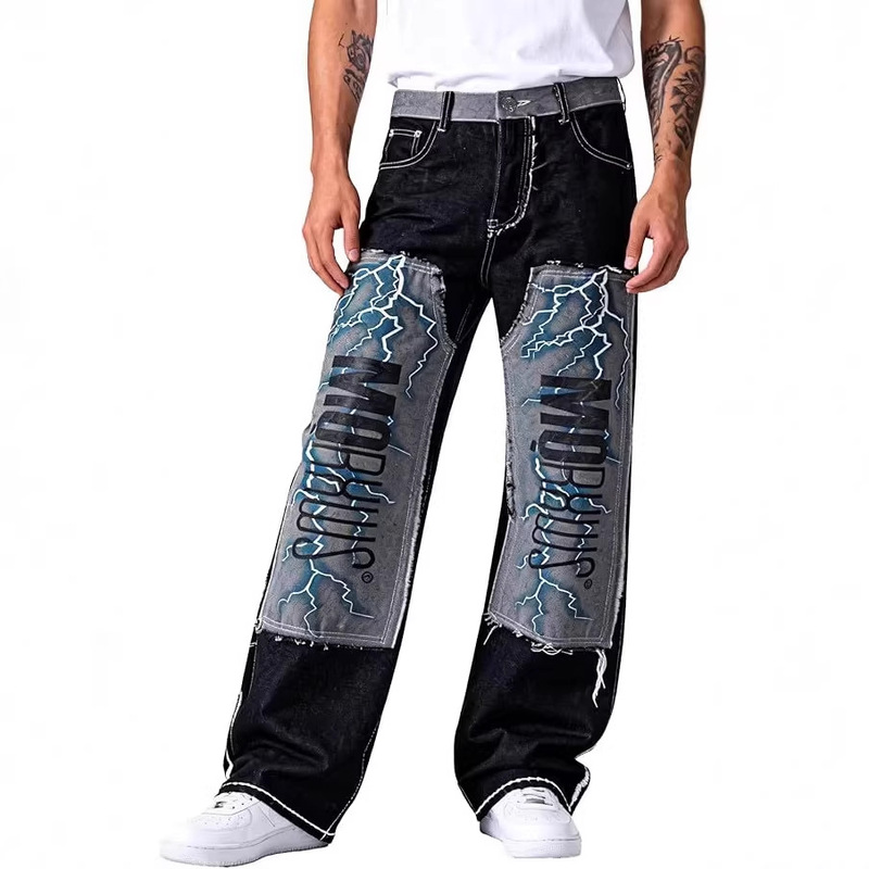 Men's Patterned Printed Overlay Jeans, Slim-Fit Washed Street Fashion Denim Pants for Men