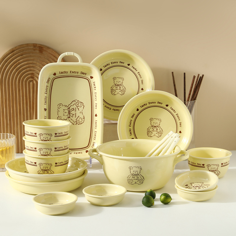 Juego de vajilla infantil Lucky Bear, tazón y plato de cerámica, tazón para arroz, tazón con doble asa, vajilla infantil Lucky Bear
