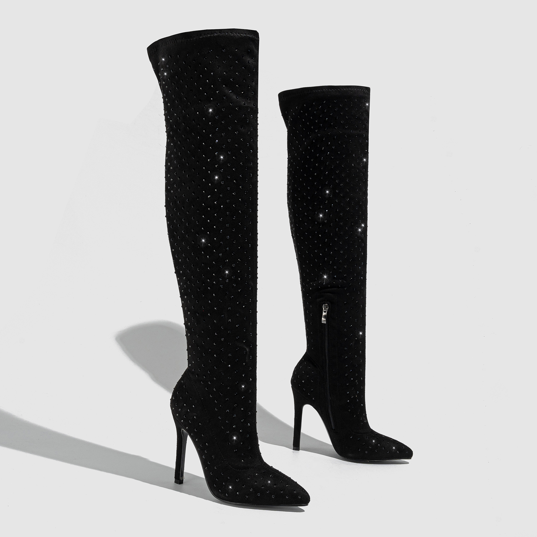 Sexy European and American pointed diamond studded slim high heels with side zippers, knee high boots, runway shows, stage performances, and oversized boots