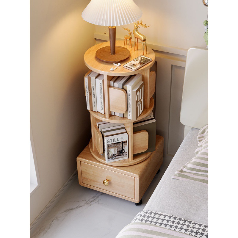 w! All solid wood rotating small bookshelf rotating bookshelf bedroom children's bookcase simple bedside table bedside storage storage