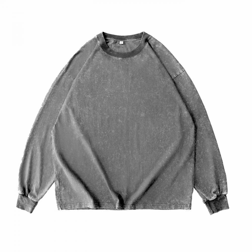 230g pure cotton washed distressed long-sleeved T-shirt for men, solid color American retro trend loose inner layer base layer printed pic 15