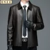 Lapel leather jacket brown spring and autumn single style