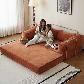 压缩沙发中古风布艺沙发客厅复古模块直排双三人折叠两用沙发床