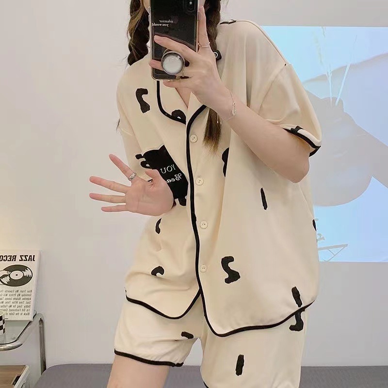 Pijamas de verano de las mujeres nuevo cardigan pantalones cortos de manga corta lindo estilo Chanel desgaste al aire libre desgaste del hogar del verano traje de dos piezas