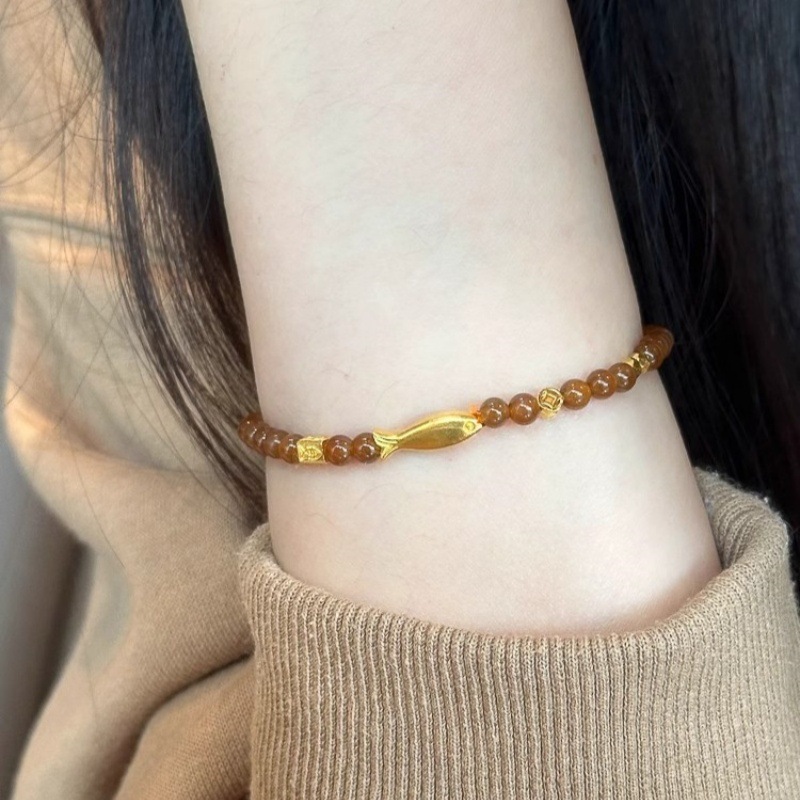 Vintage Tiger Eye Stone Goldfish Beaded Bracelet For Women_voghion.com