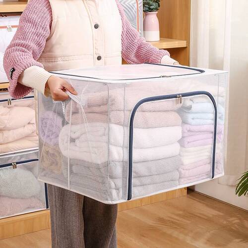 Installation-free transparent grid steel frame storage box, moisture-proof, foldable wardrobe organizer, clothing and bedding storage box