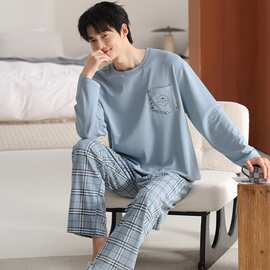 【L-4XL】春秋新款纯棉男士长袖长裤套头睡衣印花休闲男家居服