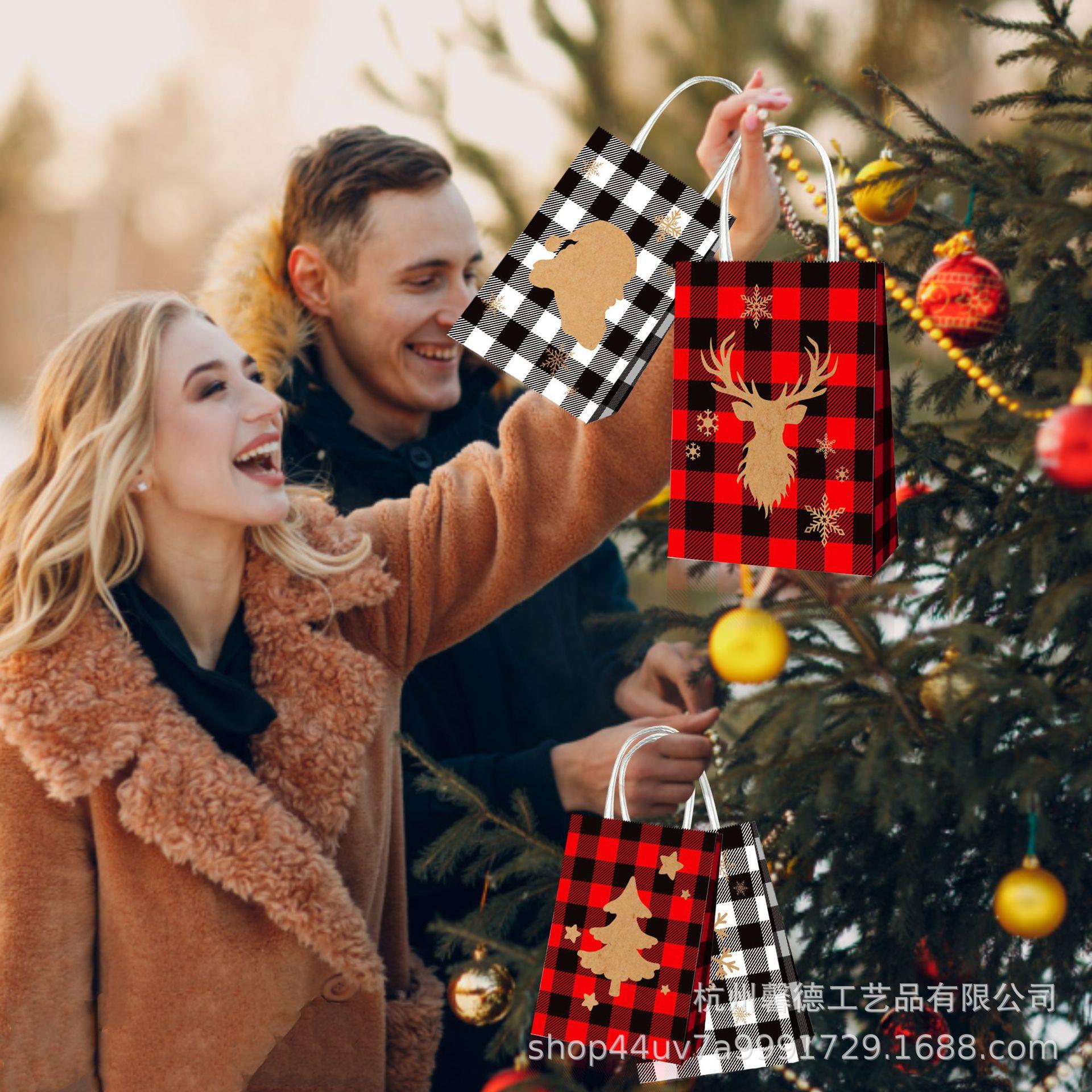 BD098 圣诞节雪花麋鹿黑红白格子派对糖果伴手礼品牛皮纸手提袋