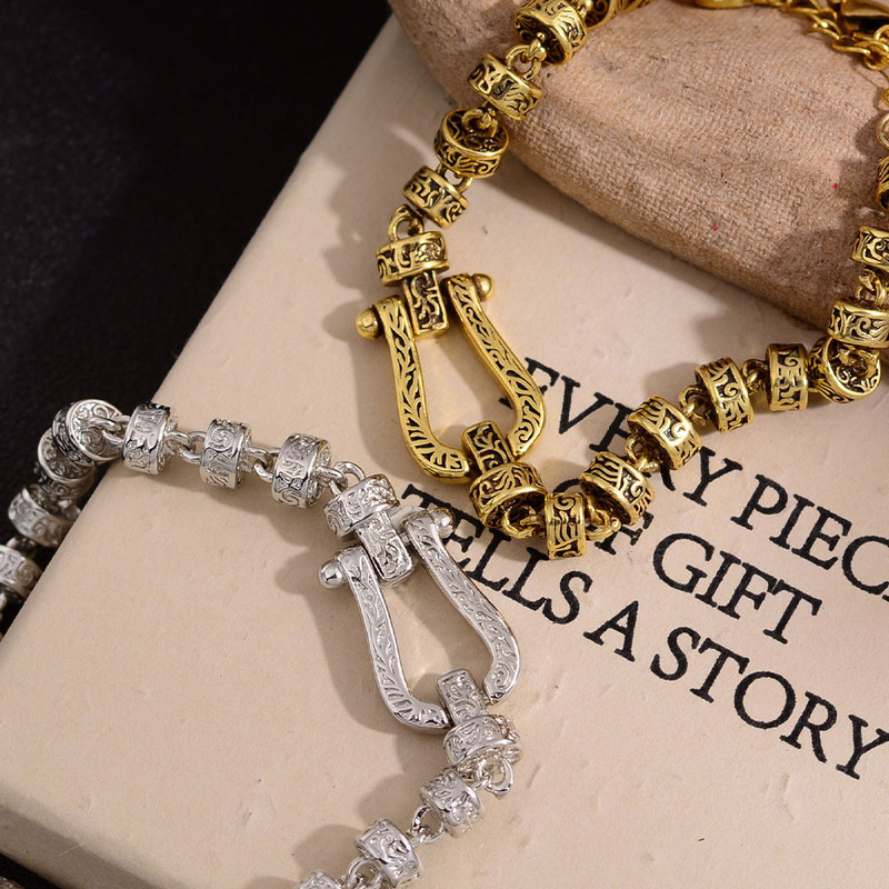 Light Luxury Personalized Ancient Golden U-Shaped Tang Grass Horseshoe Bracelet Female Niche Design Simple High-end Fashion Hand Jewelry