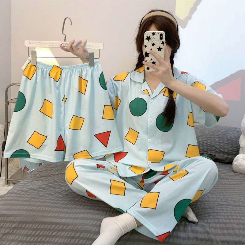 순면-라이트블루 기하학 뉴 쓰리피스 슈트 반팔+반바지+바지