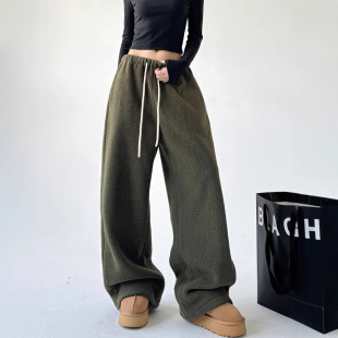 2024 New Autumn and Winter Fleece Wide-leg Pants Women's Thickened Straight Dipping Lamb Fleece Casual Glutinous Rice Pants