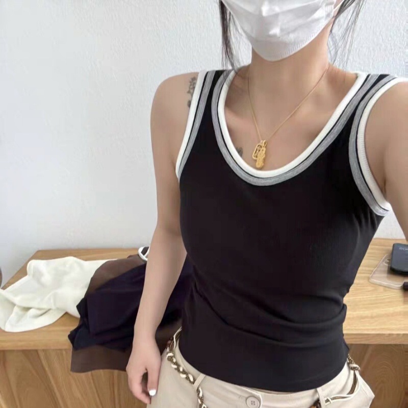 A118#夏季新款纯欲U领撞色拼接背心修身女一体式带胸垫百搭上衣|undefined