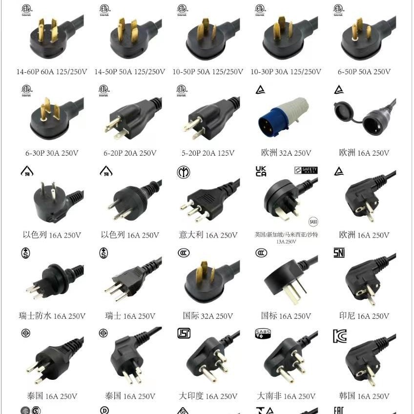 工业插头电源线全球各国认证大功率充电桩插头16A32A20A50A60A