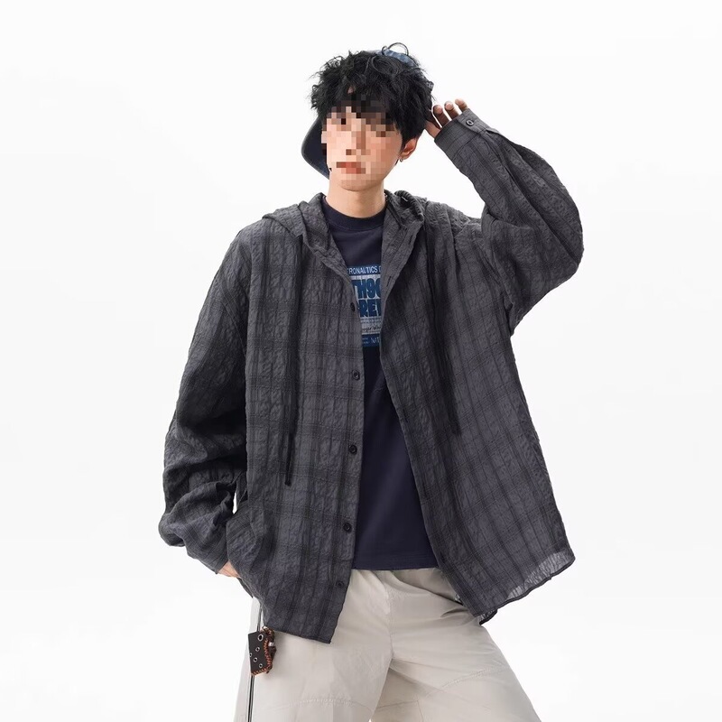 American-Style Plaid Sun-Protective Hooded Shirt for Men and Women, New Summer Model, High-End Seersucker, Lightweight, Breathable, Loose-Fitting Trendy Jacket