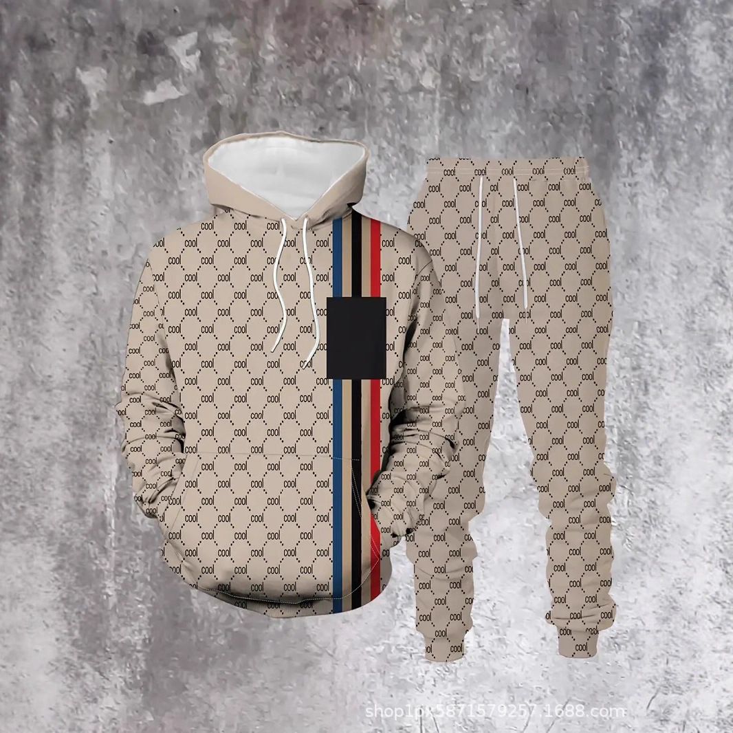 跨境亚马逊爆款秋冬男士连帽卫衣卫裤套装3D印花两件套潮流卫衣男