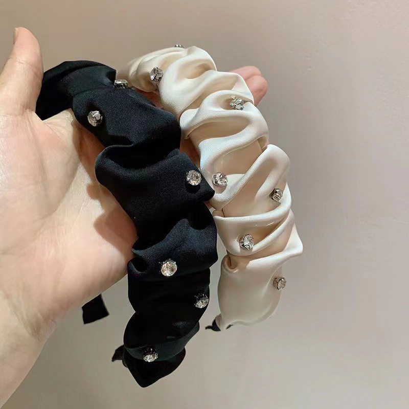 新款韓版頭箍ins風網紅名媛髮飾高顱頂法式簡約水鑽皺褶頭飾發箍