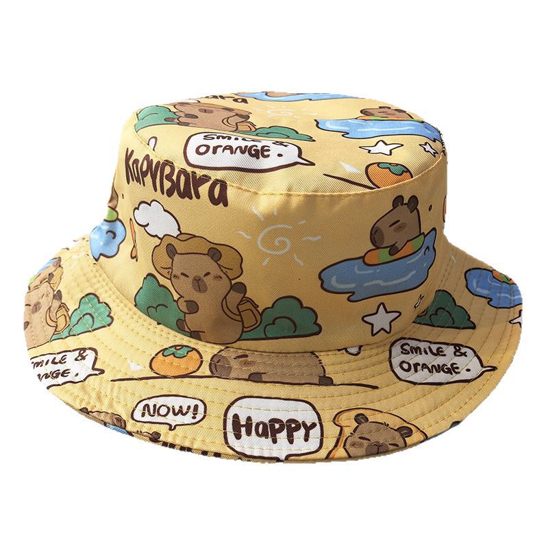 跨境卡皮巴拉渔夫帽可爱卡通河豚盆帽男女户外防晒遮阳帽水桶帽子