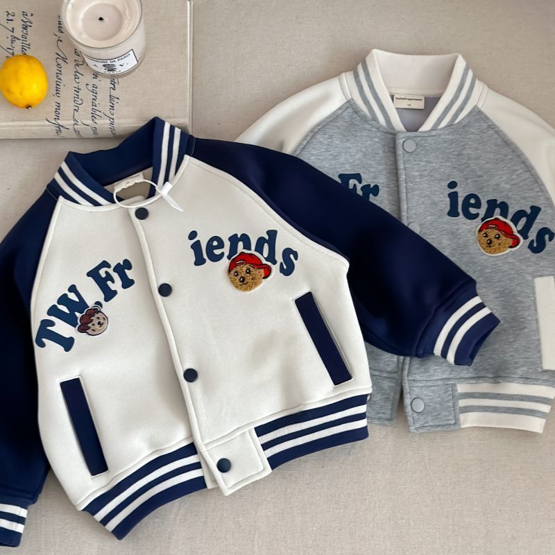 Children's Baseball Uniform Fleece-Lined Men's 2025 Autumn and Winter New Kidsren's Bear Jacket Trendy Baby Letter Jacket Women's Thickeneded