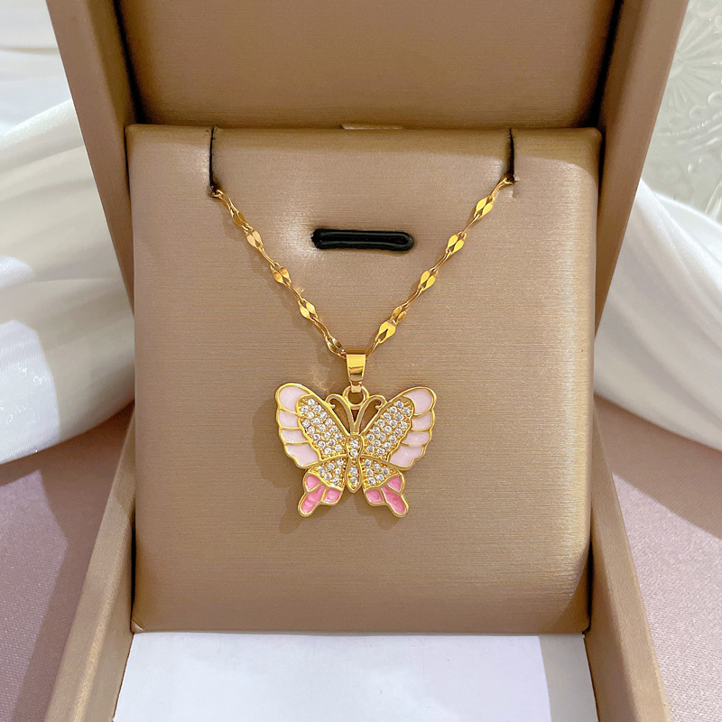 Fashion Butterfly Titanium Steel Copper Inlay Artificial Diamond Pendant Necklace display picture 4