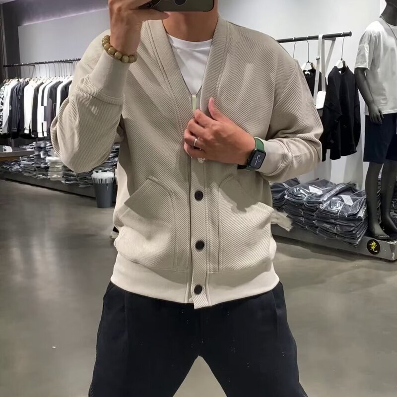 Spring and Autumn New Style V Neck Single-Breasted Knitted Cardigan Jacket Men's Korean Style Design Twill Fashion Niche Jacket