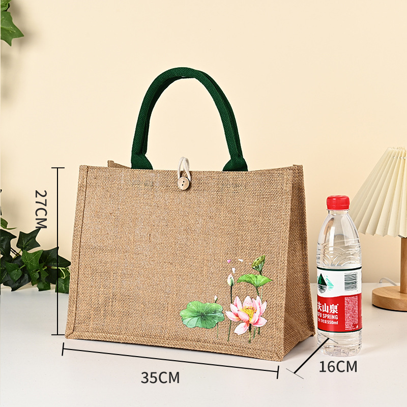 Bolsas de lino en stock, bolsas de compras de yute con botón, bolsas de lino con bordado de loto recubierto, personalizables.
