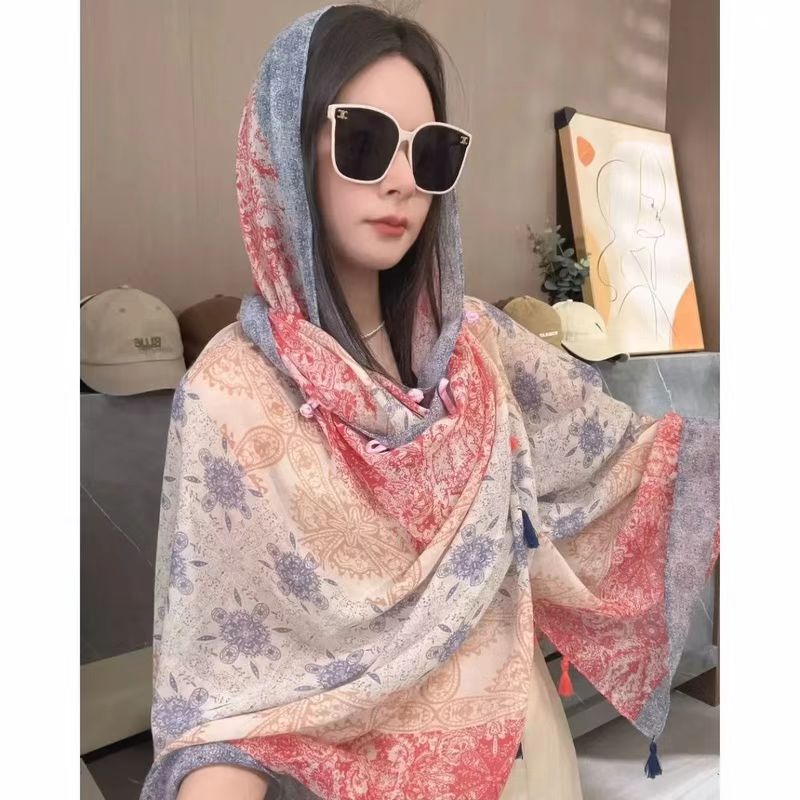 New Ethnic Style Travel Shawl for Women, Sun Protection Silk Scarf, Travel Photo Taking, Seaside Beach Gauze Scarf, Thin Outer Scarf