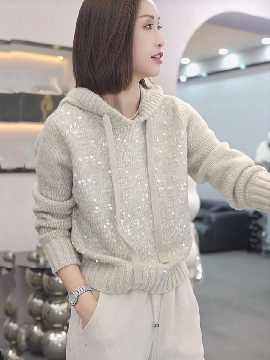Women's Clothing light luxury sequined hooded sweater autumn and winter high end temperament versatile warm long sleeved knitted sweater women's trend_voghion.com