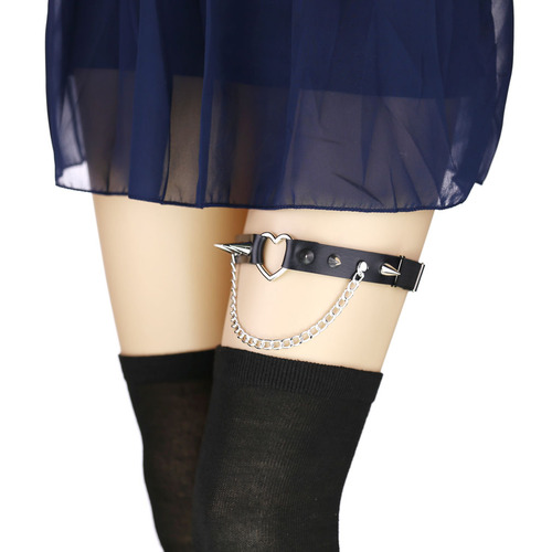 European and American foreign trade gothic rock soft girl dance love rivet long nail garter belt PU punk chain leg ring leg chain
