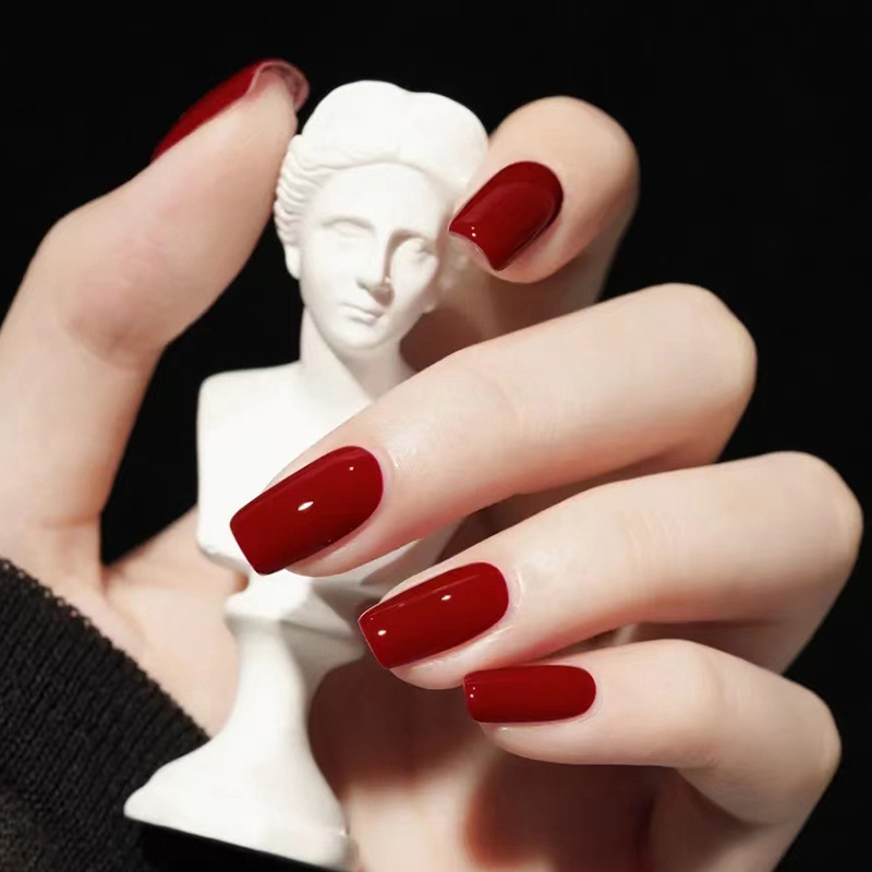 Mid-Length European Square Pure Color Burgundy Bright Oil Manicure Whitening Festive Atmosphere Fake Nails Wearable Nails
