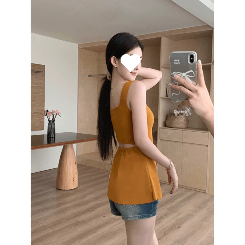 Dopamine Music Festival Wear Orange Knitted Camisole Women's Summer Outerwear Slim Back Hollow Sleeveless Top