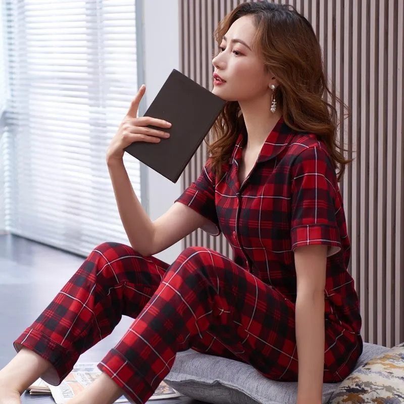 Pijamas de las mujeres de algodón de verano de manga corta pantalones más traje de tamaño de mediana edad y anciano madre ropa de casa Primavera, Otoño e Invierno