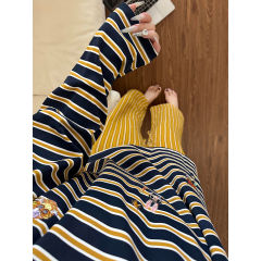 韩系可爱卡通刺绣条纹睡衣女早秋新款慵懒风长袖长裤家居服可外穿