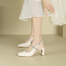 778-11 一字方头粗跟高跟鞋女2025夏季新款水钻后空包头高跟凉鞋