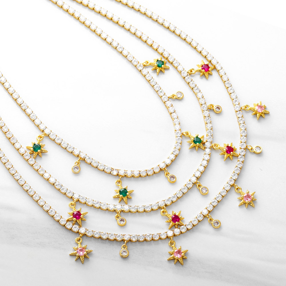 retro zircon six-pointed star short copper necklace