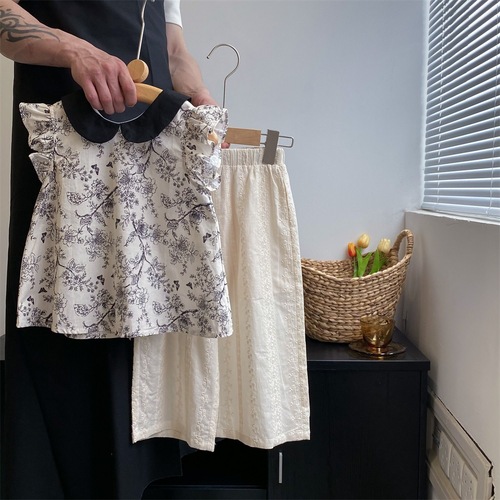 2024 spring and summer Korean style girls summer shirt short-sleeved doll collar floral contrast half-sleeved top children's shirt