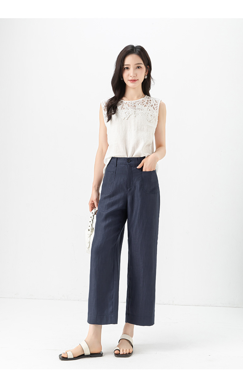 Quần ống rộng vải lanh tím cạp cao phong cách tiền cũ — Màu tím-Thông thường (25327) chi tiết 29