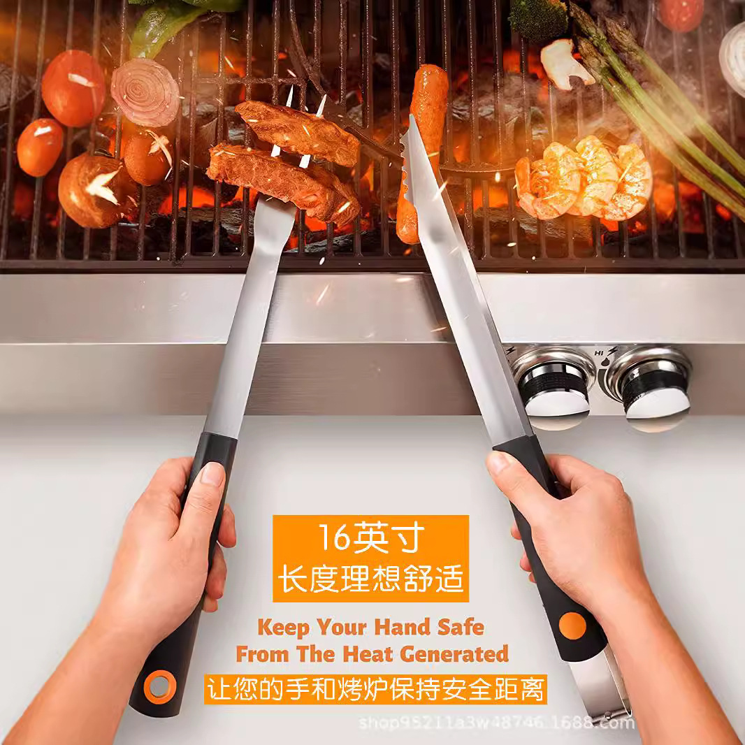 Exportación Amazon utensilios de barbacoa de acero inoxidable traje barbacoa accesorios deslizamiento anti-Pala tenedor clip cepillo barbacoa herramientas