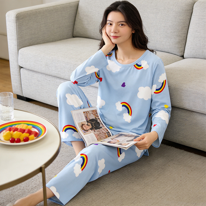 Spring and Summer Korean Style Simple Style Pajamas for Women, Light and Soft Round Neck Long Sleeves and Trousers, Autumn Suits, Casual Home Clothes Wholesale