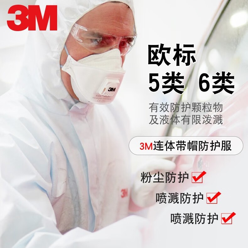 3M4510白色带帽连体防护服防护颗粒物及液体有限喷溅抗静电防尘服